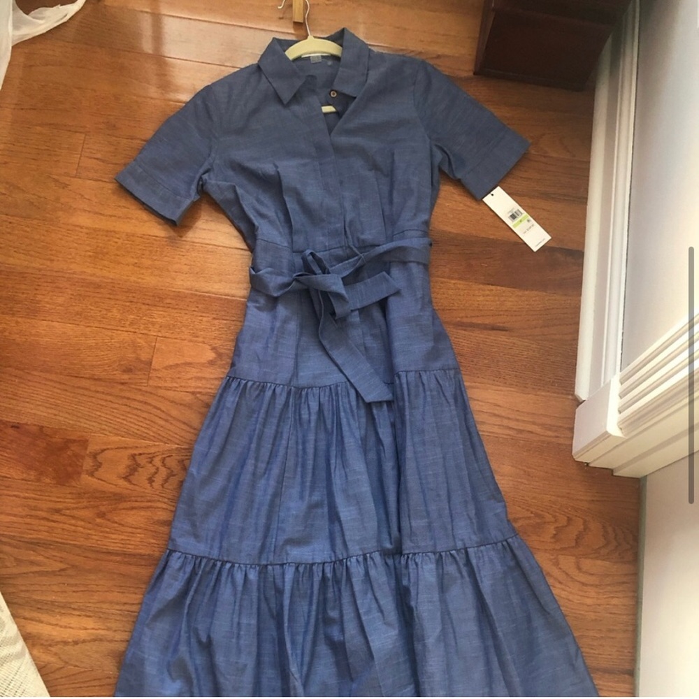 NWT Calvin Klein Denim Cotton Tiered Ruffle Hem Shirtdress Size 4P - Picture 5 of 11
